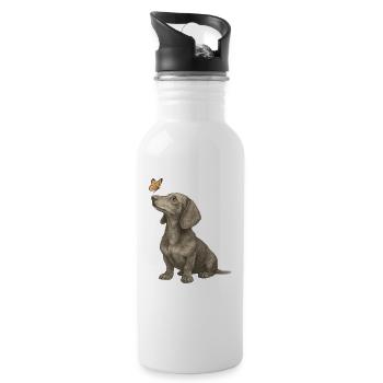 Dackel mit Schmetterling Vintage Illustration - Trinkflasche mit integriertem Trinkhalm - Weiß - Rechts