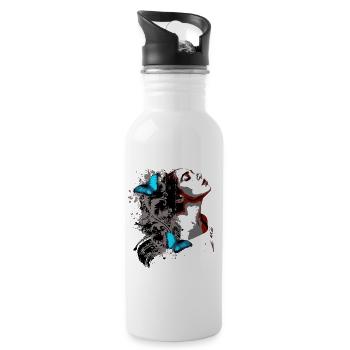 Floral Face and Blue Butterflies - Water bottle with straw - white - Right