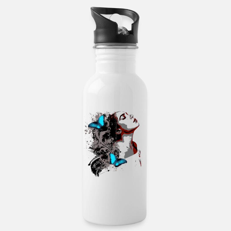 Florales Gesicht und blaue Schmetterlinge - Trinkflasche mit integriertem Trinkhalm - Weiß