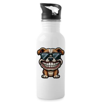 Grin Bulldog Cartoon Teeth Show Grin - Water bottle with straw - white - Right