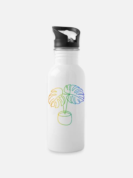 Monstera Regenbogen Linienkunst - Trinkflasche mit integriertem Trinkhalm - Weiß