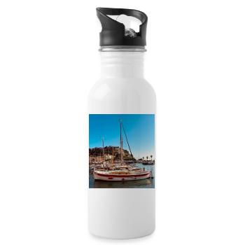 Sailboats in the blue sky harbor - Water bottle with straw - white - Right