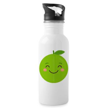 Grüner Kawaii Apfel – Süße Frucht Cartoon Grafik - Trinkflasche mit integriertem Trinkhalm - Weiß - Rechts