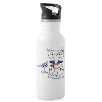 Katze und Möwe - Trinkflasche mit integriertem Trinkhalm - Weiß - Rechts
