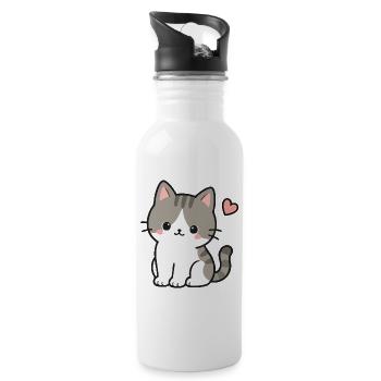 Süßes Kawaii-Kätzchen mit rosa Herz - Trinkflasche mit integriertem Trinkhalm - Weiß - Rechts