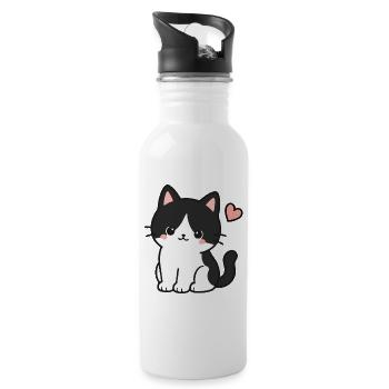 Cute Black Cat With Heart - Water bottle with straw - white - Right