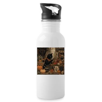 Black Cat Floral Shop T-Shirt Vintage Goth - Water bottle with straw - white - Right