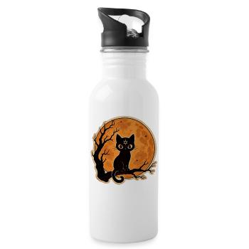 Chat noir devant une pleine lune Motif d’Halloween - Gourde avec paille intégrée - blanc - Droite