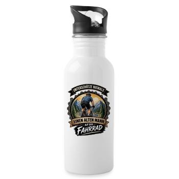 Unterschätze NIEMALS alten Mann auf dem Fahrrad - Trinkflasche mit integriertem Trinkhalm - Weiß - Rechts