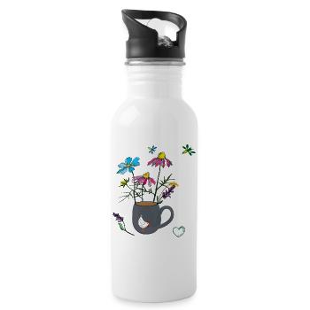 Blumen in einem Becher mit Huhn - Trinkflasche mit integriertem Trinkhalm - Weiß - Rechts