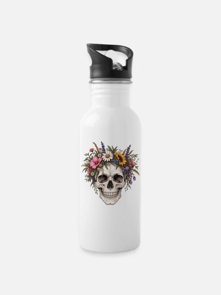 Skull mit Blumenkranz Design - Trinkflasche mit integriertem Trinkhalm - Weiß
