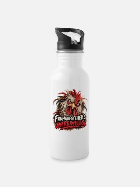 Frühaufsteher Unfreiwillig - Genervter Hahn - Trinkflasche mit integriertem Trinkhalm - Weiß