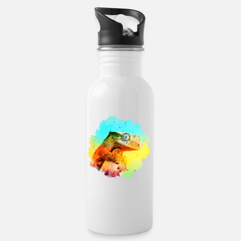 Crested Gecko Reptile Keeper Lizard Watercolor Des - Water bottle with straw - white