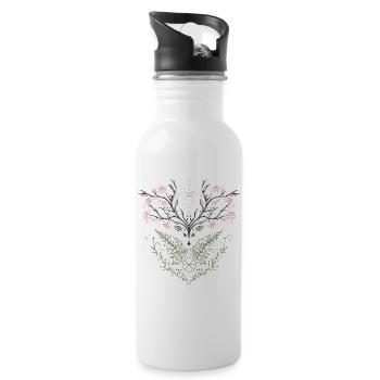 Hirsch Geweih Kirschblüten Farn - Trinkflasche mit integriertem Trinkhalm - Weiß - Rechts