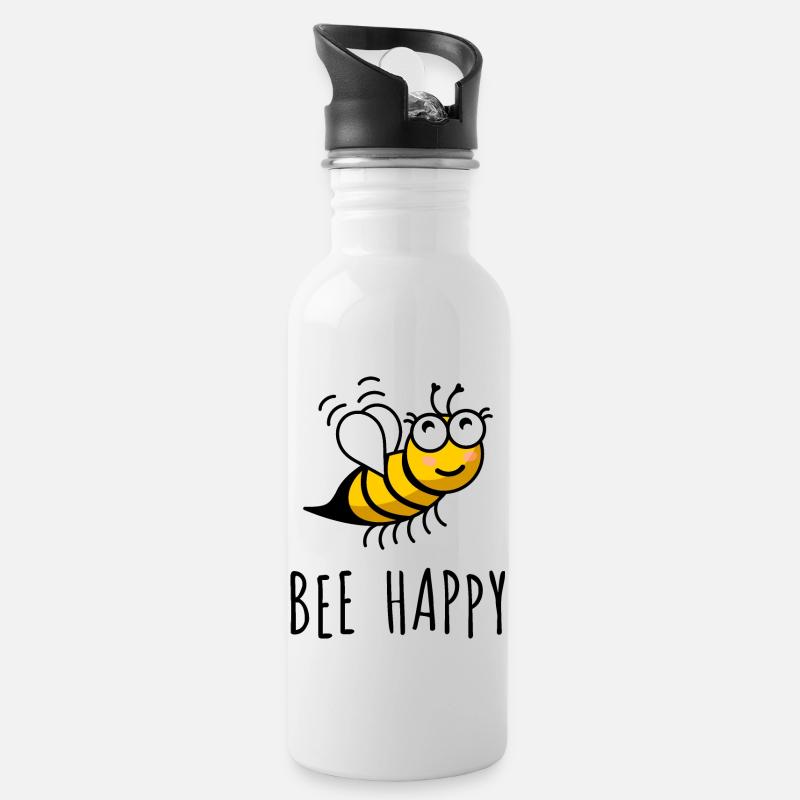 bee happy - Trinkflasche mit integriertem Trinkhalm - Weiß