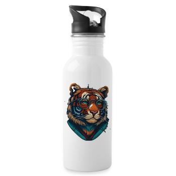 Tiger als Nerd mit Buch - Trinkflasche mit integriertem Trinkhalm - Weiß - Rechts