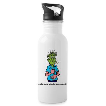 "...nie mehr wieder Austern...!" - Trinkflasche mit integriertem Trinkhalm - Weiß - Rechts