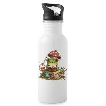 White Cottagecore Aesthetic Mushroom Frog Reading - Water bottle with straw - white - Right