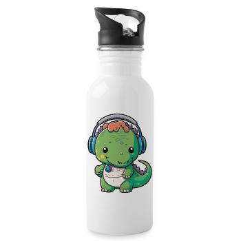 Kawaii Cute Happy Colorful Dino with Headphones - Water bottle with straw - white - Right
