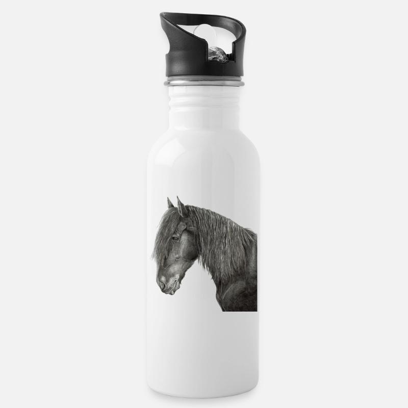 Friesenpferd Porträt - Trinkflasche mit integriertem Trinkhalm - Weiß