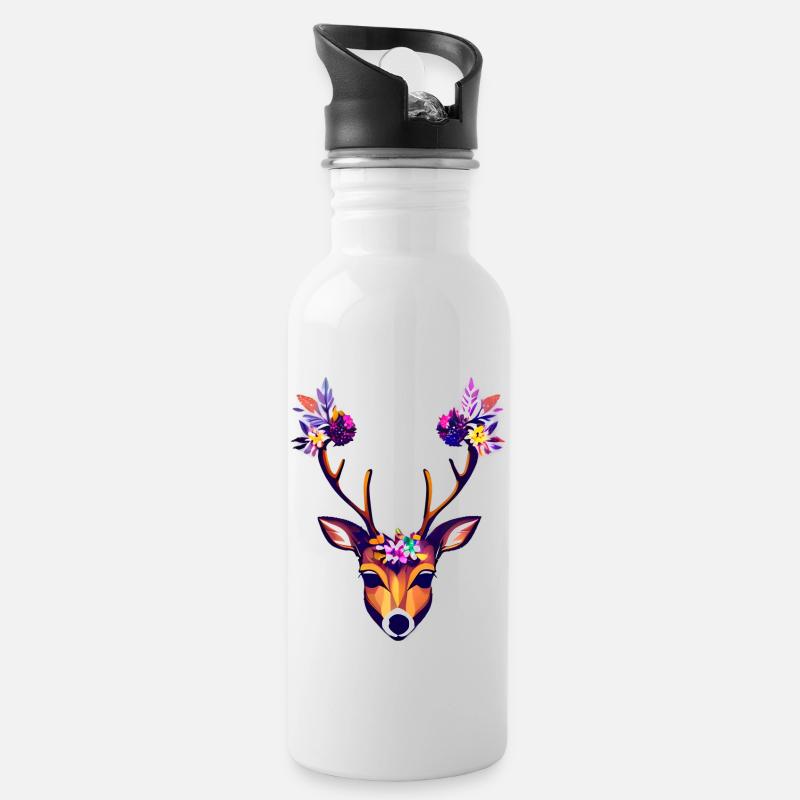 schönes Reh Blumen Natur Wald - Trinkflasche mit integriertem Trinkhalm - Weiß