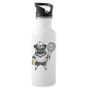 Tennis Pug Drawing - Water bottle with straw - white - Right