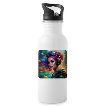 Fille cyberpunk cool avec des écouteurs et du poisson - Gourde avec paille intégrée - blanc - Droite