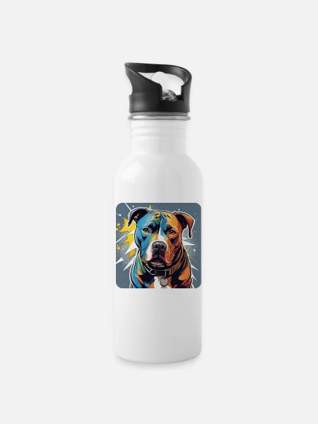 Cooler Pitbull Hund - Trinkflasche mit integriertem Trinkhalm - Weiß