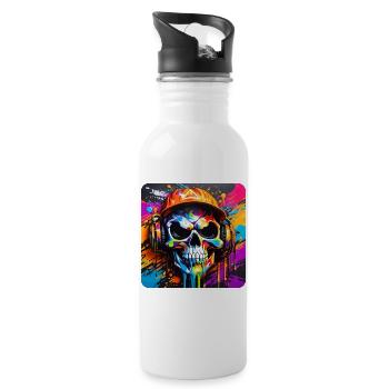 Cooler Totenkopf mit Kopfhörer Graffiti Style - Trinkflasche mit integriertem Trinkhalm - Weiß - Rechts
