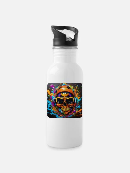 Cooler Totenkopf mit Kopfhörer Graffiti Style - Trinkflasche mit integriertem Trinkhalm - Weiß