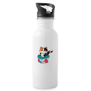 An orange cat in a box, with its coat - Water bottle with straw - white - Right