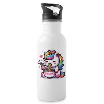 A kawaii unicorn eating a bowl of ramen - Water bottle with straw - white - Right