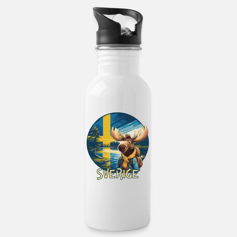 Sverige - Sweden - Schweden - Elch - Moose - Älg - Trinkflasche mit integriertem Trinkhalm - Weiß