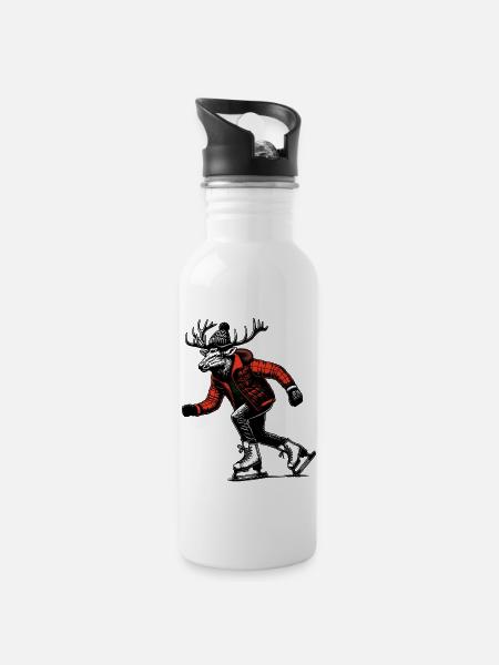 Schlittschuh laufener Elch - Trinkflasche mit integriertem Trinkhalm - Weiß