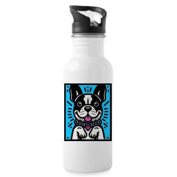 French Bulldog - Blue Background - Water bottle with straw - white - Right