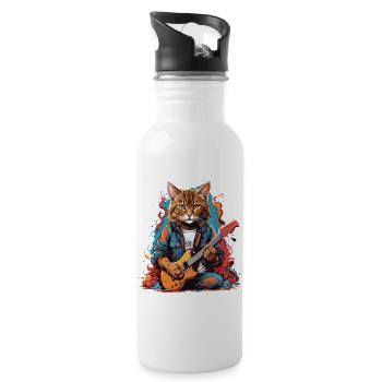 Katze mit Gitarre - Trinkflasche mit integriertem Trinkhalm - Weiß - Rechts
