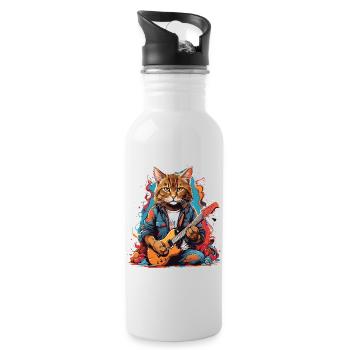 Katze mit Gitarre - Trinkflasche mit integriertem Trinkhalm - Weiß - Rechts