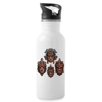 Kunstvolle geschnitzte Azteken, Maya, Inka Masken - Trinkflasche mit integriertem Trinkhalm - Weiß - Rechts