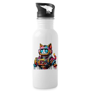 Katze gestaltet als Roboter im Comic Graffiti Stil - Trinkflasche mit integriertem Trinkhalm - Weiß - Rechts
