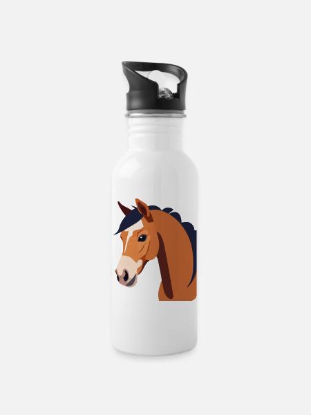 Pferdekopf braunes Pferd - Trinkflasche mit integriertem Trinkhalm - Weiß