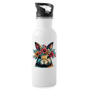 Hase mit Blumen - Trinkflasche mit integriertem Trinkhalm - Weiß - Rechts