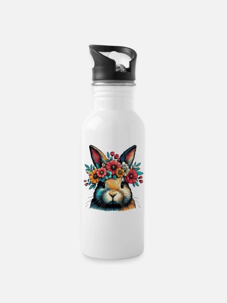 Rabbit with Flowers - Water bottle with straw - white