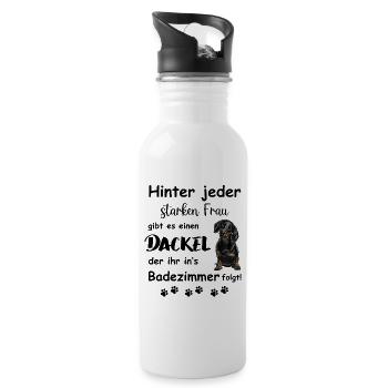 Hinter jedem starken Frauchen steht ein Hund. - Trinkflasche mit integriertem Trinkhalm - Weiß - Rechts