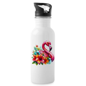 Flamingo decorated with hibiscus flowers - Water bottle with straw - white - Right