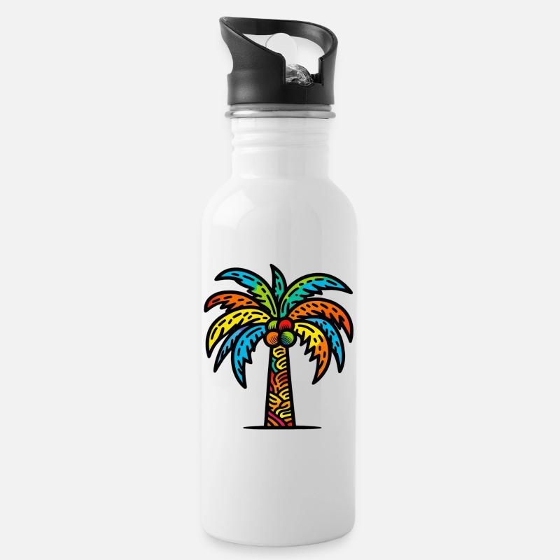 Palme - Trinkflasche mit integriertem Trinkhalm - Weiß