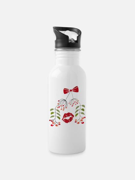Kuss unter dem Mistelzweig, Weihnachten - Trinkflasche mit integriertem Trinkhalm - Weiß
