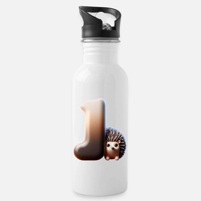 Kleiner Igel kuschelt sich an den Buchstaben J - Trinkflasche mit integriertem Trinkhalm - Weiß