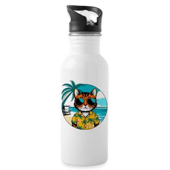 Katze am Strand - Trinkflasche mit integriertem Trinkhalm - Weiß - Rechts