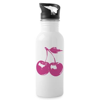 Retro Kirschen Motiv – Pink Rockabilly Look - Trinkflasche mit integriertem Trinkhalm - Weiß - Rechts