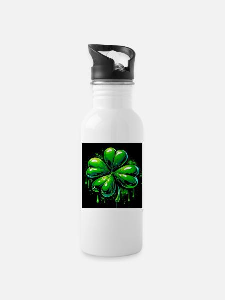 Vierblättriges Kleeblatt - Trinkflasche mit integriertem Trinkhalm - Weiß